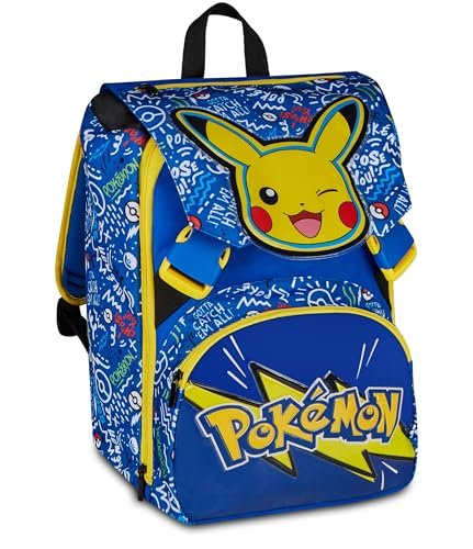 Seven Duży pokemon rozszerzany plecak szkolny, niebieski, 24 l, z możliwością rozbudowy na suwak, kieszeń przednia, boczna kieszeń na butelkę, do szkoły podstawowej, chłopca, dziewczynki