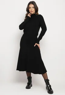 Czarny Komplet z Tłoczonej Dzianiny Sweter z Półgolfem i Rozkloszowana Spódnica Evaleria - Komplety damskie - miniaturka - grafika 1