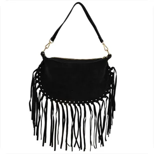 Włoska listonoszka z frędzlami skóra naturalna zamszowa czarna - Torebki damskie - miniaturka - grafika 1