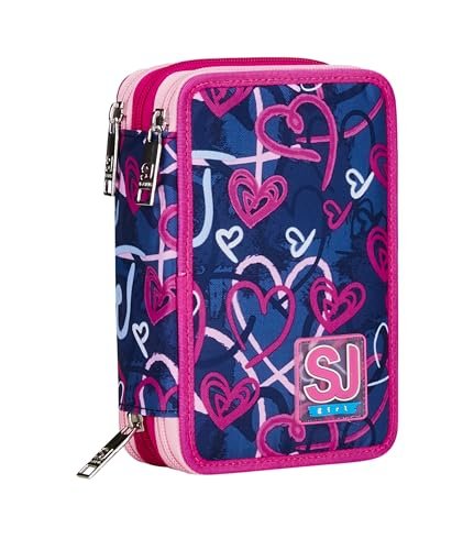 SJ Gang Piórnik szkolny z 3 zamkami błyskawicznymi, fioletowy, Doodle Heart, potrójny uchwyt na długopis w komplecie z długopisami, ołówkami, kolorami, akcesoriami do plecaka, podstawowym, średnim,