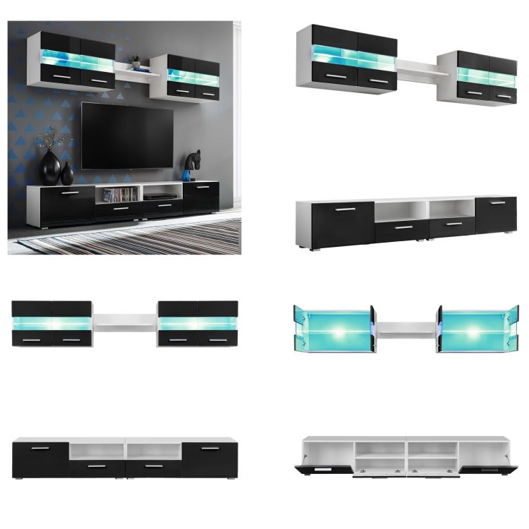 vidaXL Zestaw szafek ściennych pod TV 5 szt. Oświetlenie LED czarny wysoki połysk - Szafka ścienna - Szafki ścienne - Szafka pod TV - Szafki pod TV