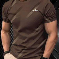 Koszulki męskie - TEMU Koszulka Sportowa Męska - Brązowy T-Shirt z Nadrukiem Góry - Lekki, Oddychający Materiał na Siłownię i Codzienną Stylizację - Regularny Krój, - miniaturka - grafika 1