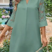 Inne - TEMU Elegancka sukienka damską z długim rękawem, wycięciem w kształcie litery V i luźnym długością do kolan, 100% poliester, jednokolorowa, - miniaturka - grafika 1