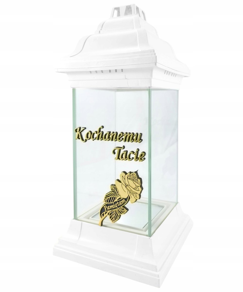 Biały znicz prosta kapliczka szklany lampion dla Taty Kochanemu Tacie róża