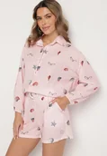 Komplety damskie - Różowy Komplet z Wiskozą Koszula i Szorty z Motywem Morskim Reivienne - miniaturka - grafika 1