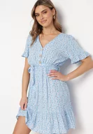 Sukienki - Niebieska Sukienka Mini z Wiskozy Ozdobiona Falbanką w Kwiatowy Wzór Ravenina - miniaturka - grafika 1