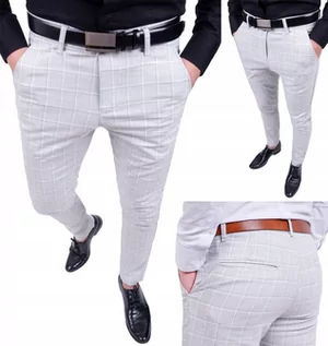 Spodnie męskie - ﻿Spodnie męskie eleganckie białe szare w kratke 36 - grafika 1