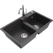 Zlewozmywaki z baterią - Mexen Tomas zlewozmywak granitowy 2-komorowy z baterią kuchenną Carla, czarny nakrapiany - miniaturka - grafika 1