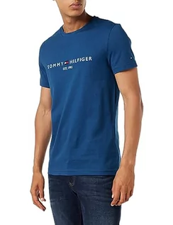 Koszulki męskie - Tommy Hilfiger T-shirt męski Tommy Logo Tee z okrągłym dekoltem Slim Fit, Deep Indigo, L - grafika 1