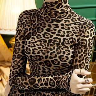 TEMU Koszulka z długim rękawem z nadrukiem lamparta, dopasowana do wiosny i jesieni, odzież damska - Swetry damskie - miniaturka - grafika 1