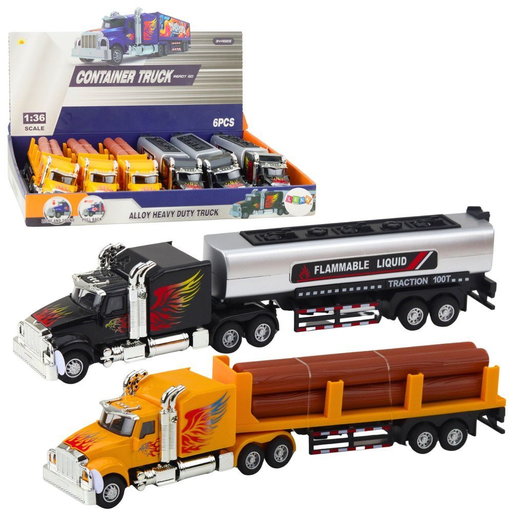 Ciężarówka Cysterna Transport Drewna Napęd Pull-Back Światła Dźwięki 1:36 LEAN Toys