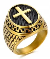 Pierścionki - Złoty Antyczny Pierścień Męski Sygnet Vintage Punk Krzyż Krzyżyk STAL - miniaturka - grafika 1