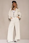 Komplety damskie - Jasnobeżowy Komplet Dresowy z Wiskozą Spodnie o Szerokim Kroju i Bluza z Broszką Redaella - miniaturka - grafika 1