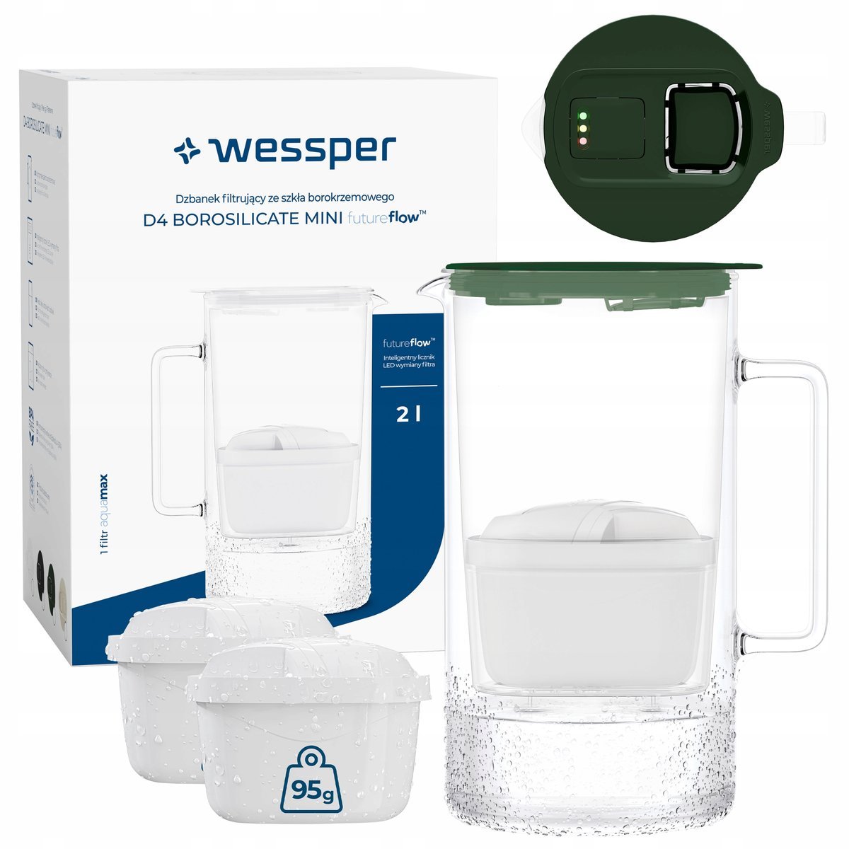 Dzbanek filtrujący szklany Wessper D4 BOROSILICATE MINI licznik + 3x filtr