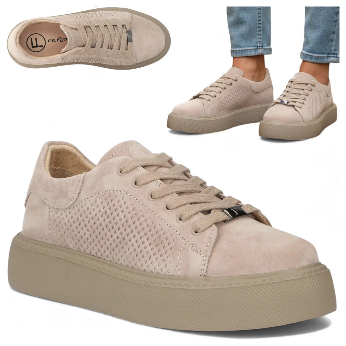 Damskie Sneakersy SKÓRZANE FILIPPO Wygodne Półbuty Beżowe na Platformie 38
