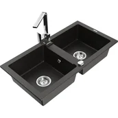 Zlewozmywaki z baterią - Mexen Mario zlewozmywak granitowy 2-komorowy z baterią kuchenną Rita, czarny/złoty metalik - miniaturka - grafika 1