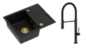 Zlewozmywaki z baterią - Quadron Unique Zlewozmywak granitowy jednokomorowy 62*50*22 cm z ociekaczem MORGAN 116 PURE CARBON z syfonem Push-2-Open w kolorze złotym z baterią MARGOT T LINE PURE CARBON z ruchomą wylewką kolor czarny mat/czarny wąż - miniaturka - grafika 1