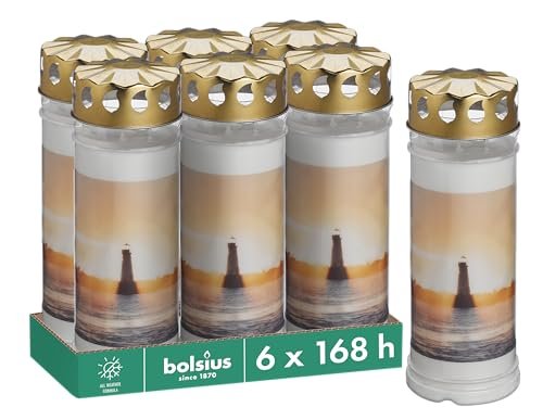 Bolsius Znicz – biały – 6 sztuk – 20 x 7,5 cm – latarnia morska – długość czasu palenia 7 dni – świeca żałobna i miejsce pamięci – palenie ciągłe – z motywem – bezzapachowe – bez oleju palmowego – nr