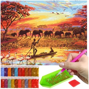 Haft Diamentowy ARTULIO, Obraz DIY 5D, Diamond Painting, Mozaika diamentowa 30x40cm (Afrykańskie wędrówki słoni) + zestaw akcesoriów - Malowanie po numerach - miniaturka - grafika 1