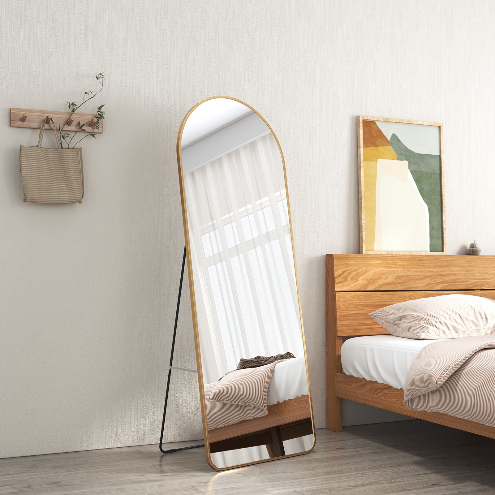 Lustro stojące EMKE 160x60cm pełnowymiarowe lustro w złotej aluminiowej ramie zakrzywione lustro ubraniowe z folią okienną przeciwwybuchową