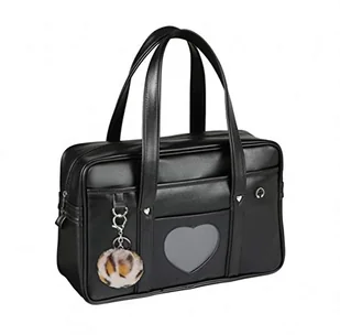 Chillpaper Duża japońska torba na ramię, torba na ramię ze sztucznej skóry Kawaii z różowym pomponem w panterkę (A3 duży rozmiar, czarne okno w kształcie serca), czarna, A3 duży rozmiar, Czarny, L, - Torebki damskie - miniaturka - grafika 1