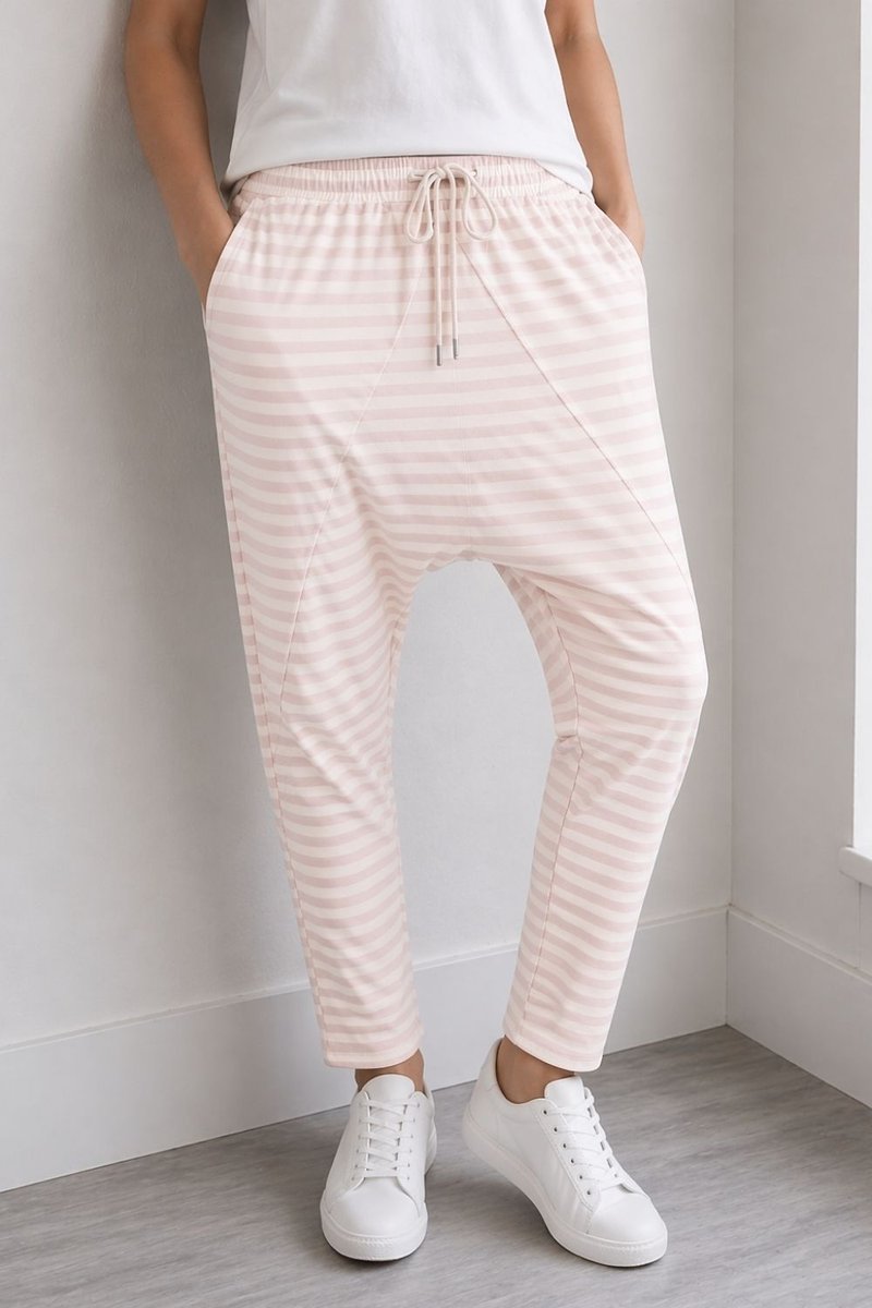 Spodnie damskie alladynki blady róż luźne w paski ITALY bawełna oversize