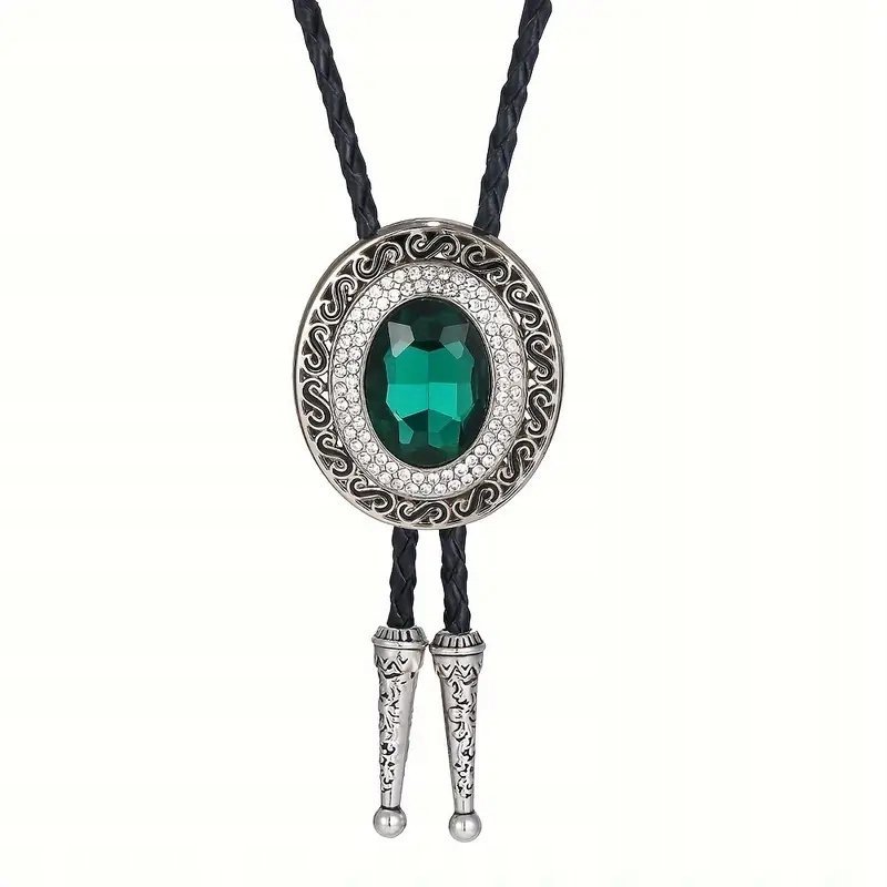 BOLO KRAWAT Kowbojski wisior duży medalion GLAM CYRKONIE ZIELONY KAMIEŃ