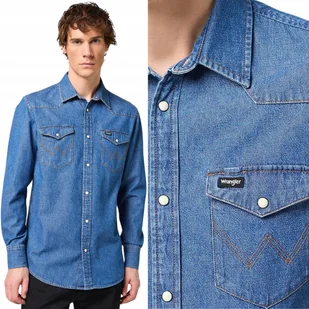 Wrangler LS WESTERN SHIRT Barrel Blue KOSZULA JEANSOWA DżINS REGULAR M - Koszule męskie - miniaturka - grafika 1