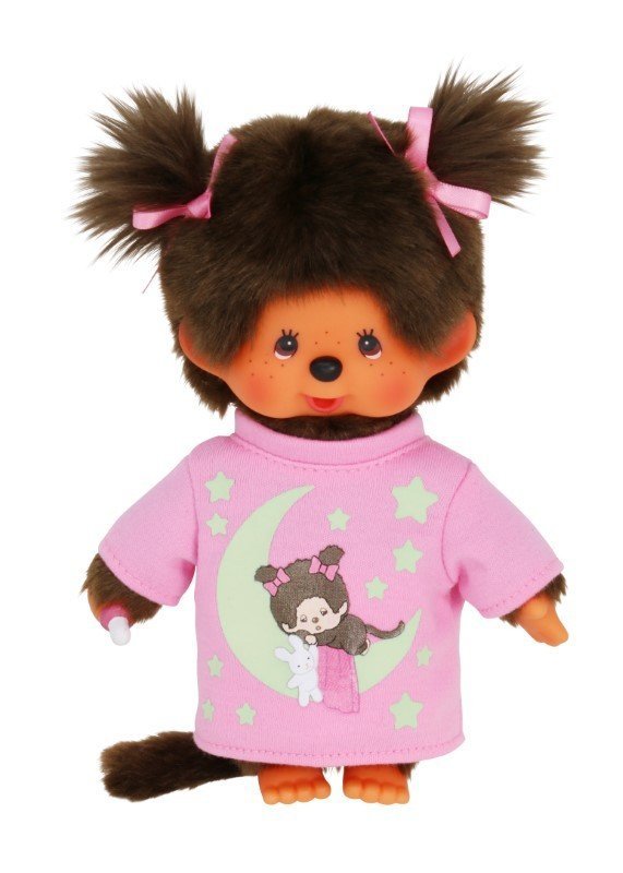 Monchhichi - Pluszowa małpka 20cm, dziewczynka w koszuli nocnej świecącej w ciemności