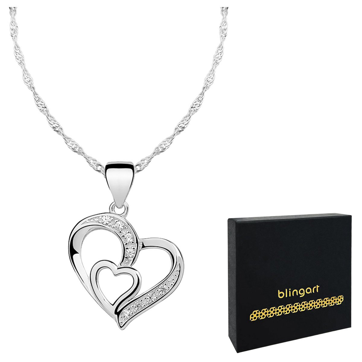 Naszyjnik srebrny 925 damski SERCE podwójne CYRKON