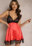 Bielizna nocna - Czarno-Czerwona Koszula Nocna na Ramiączkach z Wstawkami z Koronki Amarylia - miniaturka - grafika 1