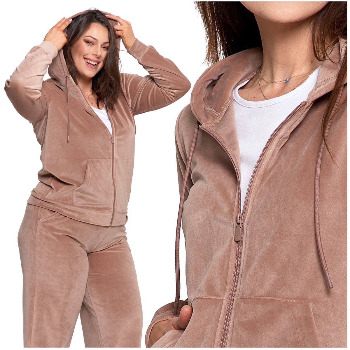 WELUROWA BLUZA DAMSKA ROZPINANA MORAJ GŁADKA Z KAPTUREM WYGODNA M