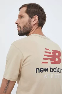 Koszulki męskie - New Balance t-shirt bawełniany kolor beżowy gładki - grafika 1