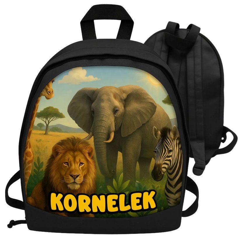 Plecak SAFARI z imieniem dziecka LEW SŁOŃ ŻYRAFA ZEBRA personalizowany