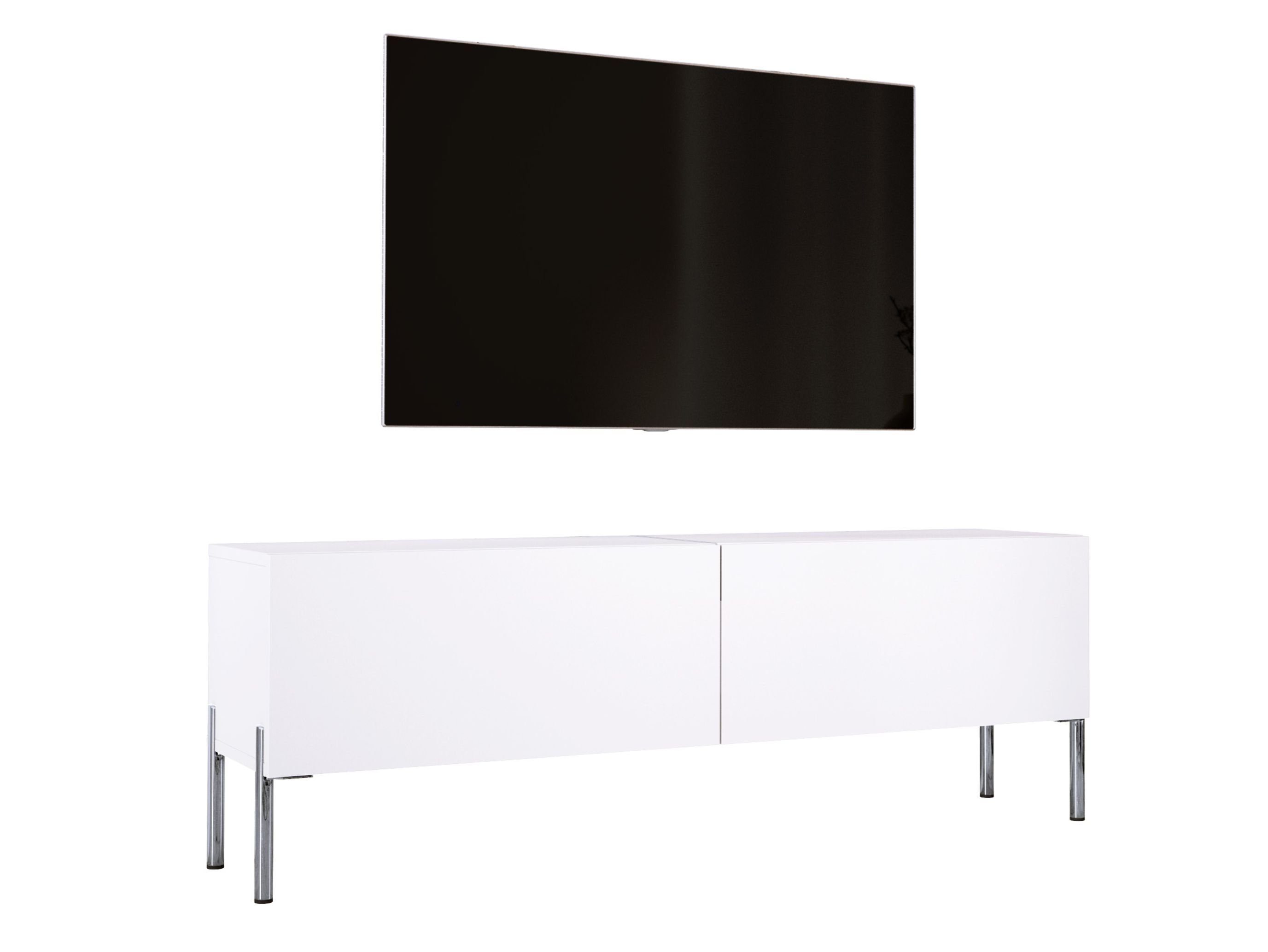 Szafka pod telewizor w kolorze białym matowym z chromowanymi nogami, A: szer: 140 cm cm, wys: 52 cm, gł: 32 cm. Meble pod telewizor, stolik pod telewizor, ława pod telewizor