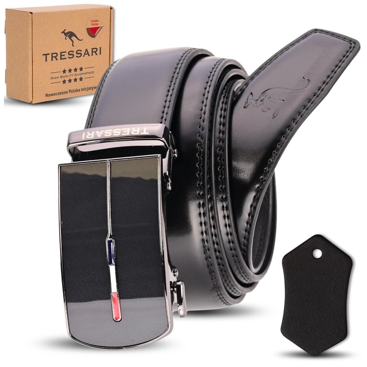TRESSARI Męski Pasek czarny do spodni 120 cm automatyczny skórzany