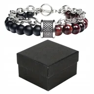 Bransolety męskie - Nowoczesna Bransoletka Męska Czarno-Bordowa 21cm + Pudełko Upominkowe - miniaturka - grafika 1