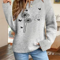 Bluzy damskie - TEMU Sweter Damski Zimowy - Elastyczny Pullover z Czarnym Wzorem Kwiatowym i Motylami, Miękka Szara Bluza na Codzień i Stroje Formalne, Pranie w - miniaturka - grafika 1