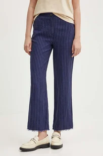 Sisley spodnie lniane kolor granatowy proste high waist - Spodnie damskie - miniaturka - grafika 1