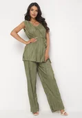 Komplety damskie - Zielony 2-Częściowy Komplet z Plisowanej Tkaniny Bluzka z Paskiem i Szerokie Spodnie z Kieszeniami Katier - miniaturka - grafika 1