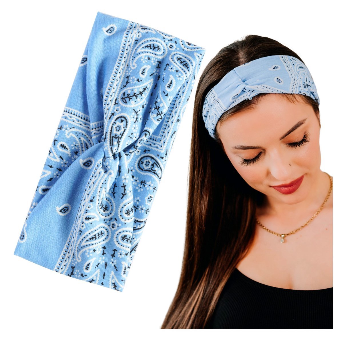 Opaska na Głowę Niebieska do Włosów Szeroka Elastyczna Supeł Paisley Gładka