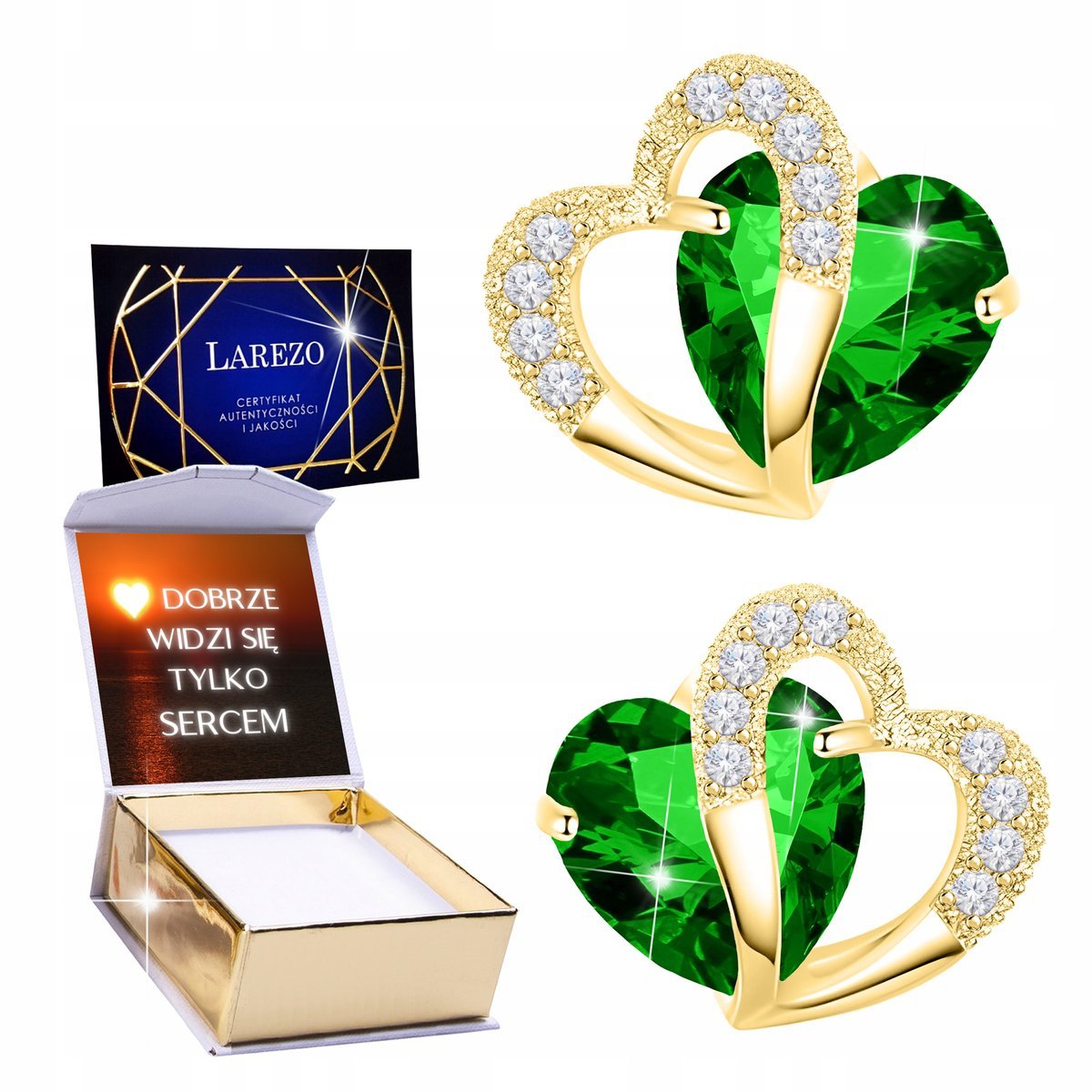 Złote Kolczyki 925 Zielone Kryształowe Serca Serduszka z Cyrkoniami NADRUK