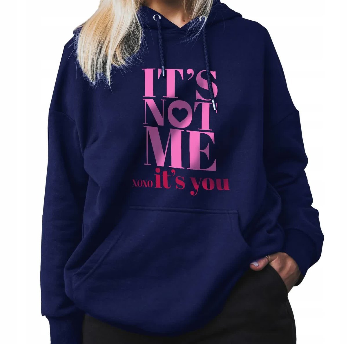 GRANATOWA BLUZA DAMSKA Z Kapturem IT'S NOT ME Lyrics Wzory Rozmiar S