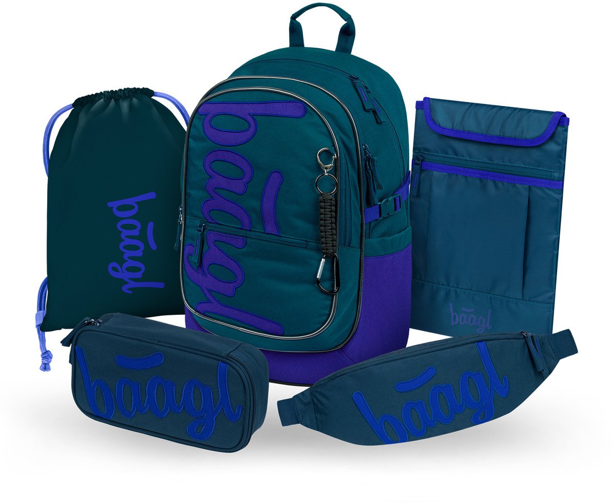 BAAGL Zestaw Szkolny 5w1 Plecak Ergonomiczny Core Logo Niebieski + Piórnik + Worek + Nerka + Etui na laptopa