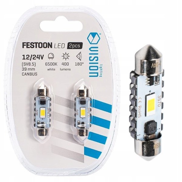 Żarówki C5w Led C10w Vision 39mm 12/24v Canbus Biała White