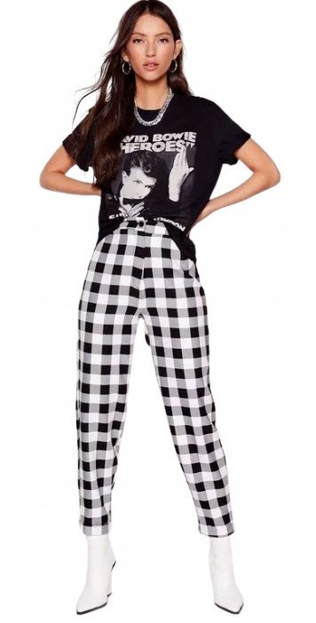 NASTY GAL SPODNIE BIAŁE W KRATKĘ CASUAL 34 YFY