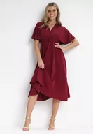 Sukienki - Bordowa Rozkloszowana Sukienka Midi z Kopertowym Dekoltem i Gumką w Talii Muntani - miniaturka - grafika 1