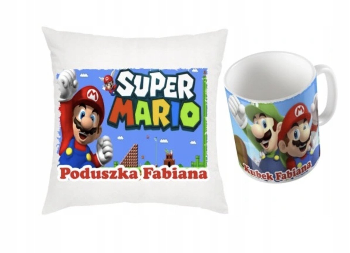 ZESTAW PODUSZKA + KUBEK Prezent SUPER MARIO BROS MARIO + IMIĘ 8