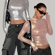 Bluzki damskie - TEMU Damski modny, błyszczący, dopasowany : bluzka z długim rękawem i wysokim dekoltem oraz sylwetka z okrągłym dekoltem, srebrna, seksowna, krótka - miniaturka - grafika 1