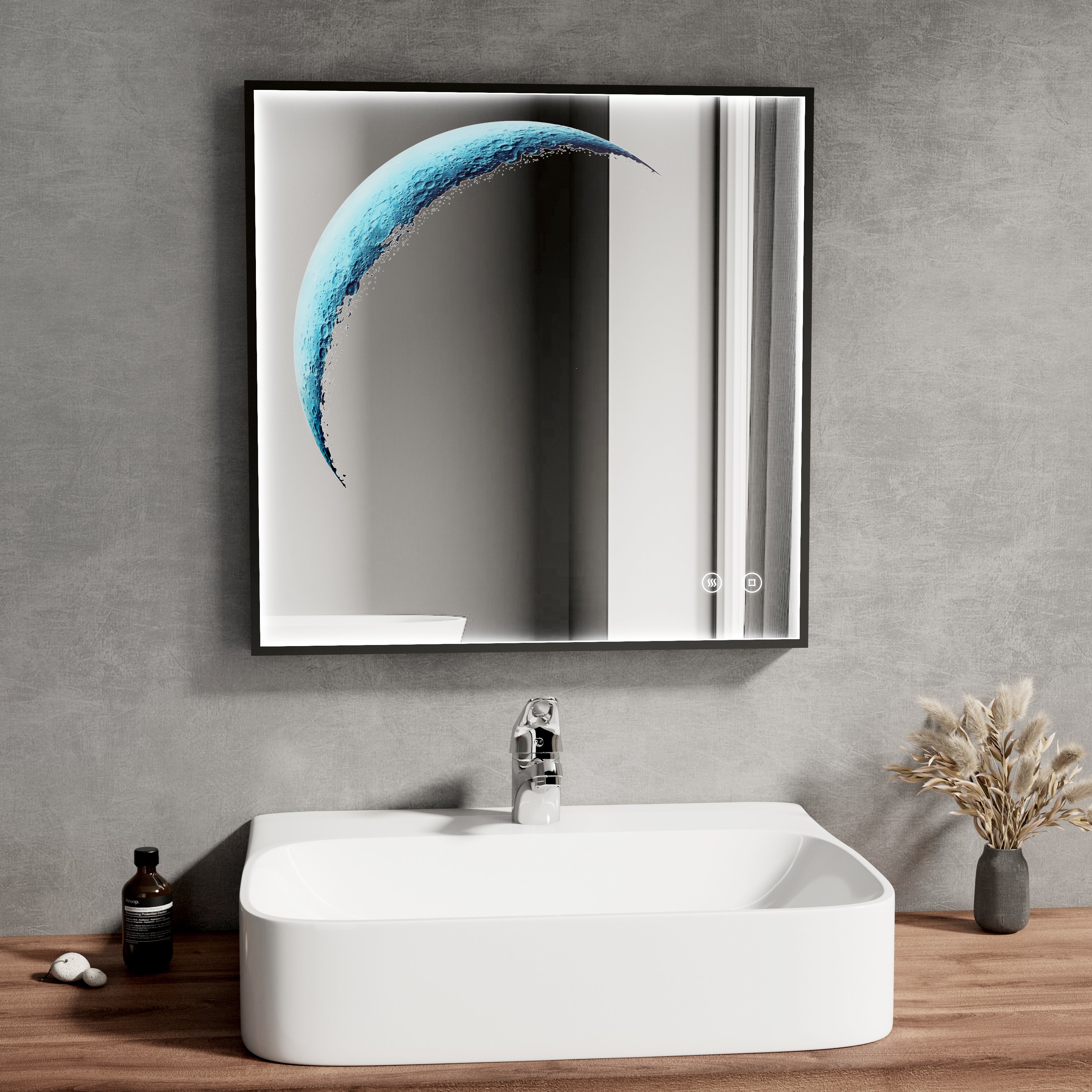 EMKE lustro łazienkowe z oświetleniem LED lustro ścienne 60 x 60 cm nieparujące lustro łazienkowe z przełącznikiem dotykowym, ściemniane, funkcja pamięci